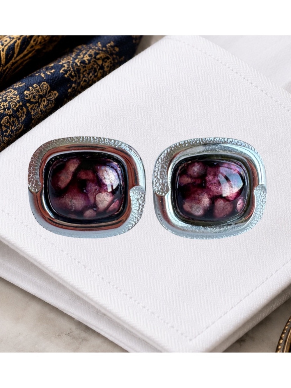 Japanese Cloisonne Cufflinks Purple Enamel Silver Tone Vintage Mens Formalwear